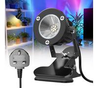 1Count RGB LED Clip on Spotlight with Remote Control (without battery）Mains Powered Spot Light, Plug in Spot Lights Plant Uplighters for Indoor Outdoor IP65, 15RGB Colours + Warm White 1.8m Cord