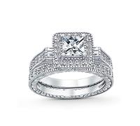 1CT Square Solitaire Cubic Zirconia Brilliant Princess Cut Halo AAA CZ Pave Milgrain Eternity Band Anniversary Engagement Wedding Ring Set For Women .925 Sterling Silver