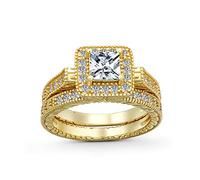 1CTW Square Solitaire Cubic Zirconia Brilliant Princess Cut Halo AAA CZ Pave Milgrain Eternity Band Anniversary Engagement Wedding Ring Set For Women Gold Plated Sterling Silver