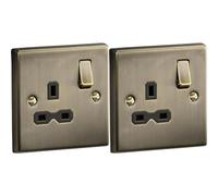 1G Switched Socket Square Edge Antique Brass 13A (Pack of 2)