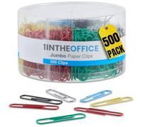1InTheOffice Jumbo Paper Clip, Vinyl Coated Smooth Large Paper Clips"500 Pieces" (Assorted Brights)