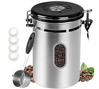 1KG Airtight Canister with Date Tracker & Transparent Window, 2.8L Stainless Steel Coffee Storage Canister, 35OZ Food Storage Container, Tea&Coffe Storage Jar with 30ML Measure Spoon and 4CO2 Valve