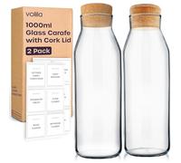 1L Water Carafe - 2 Pack Glass Carafe with Lid for Cold Drink, Milk, and Juice Jars - Versatile Glass Bottles for Detergent Storage