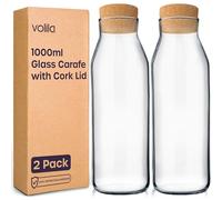 1L Water Carafe - 2 Pack Glass Carafe with Lid for Cold Drink, Milk, and Juice Jars - Versatile Glass Bottles for Detergent Storage