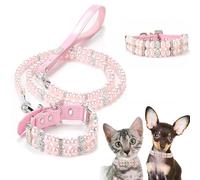 1Luxury Pearl Dog Collar and Leash Set, Pink with Crystal Rhinestones, Double Row Pearl Design，Multiple Color Sizes (Pink, M)