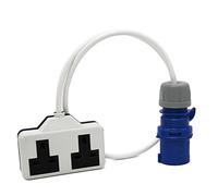 1m IP44 16a Plug to 2 x 13A Socket Fly Lead Converter. Heavy Duty Double Mains Socket Outlet for use with generator, Workshop. Industrial style blue outdoor type plug to standard double UK AC outlet