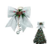 1P Silver Bow for Tree, 9.8x11.8in Glitter Wreaths & Sequin Ties, Xmas Ornaments for Tree Topper, Wreaths, Garland Decor
