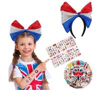1p Union Jack Bow Headband with 115p UK Temporary Tattoos 50p UK Waterproof Stickers for Novelty Fancy Dress,Great Britain National Flag Tattoo,80 Year Victory Patriotic Sticker for UK Royal Party