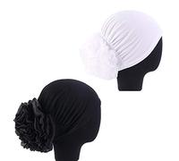 1Pack / 2Packs Women Flower Elastic Turban Beanie Head Wrap Chemo Cap Hat, 2pcs-white&black, One Size