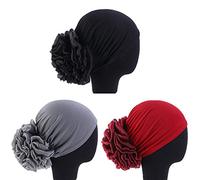 1Pack / 2Packs Women Flower Elastic Turban Beanie Head Wrap Chemo Cap Hat, 3pcs-black&gray&wine Red, One Size