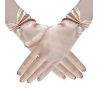 1Pair Champagne Gloves Short Satin Wrist Lace Gloves for Women Dressy with Pearls Wedding Accessories Free Size Dress Gloves for Women Opera Dinner Party, Wedding Gloves for Bride