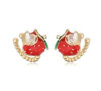 1pair Summer Fruit Earrings, Red Strawberry Enamel Dripping Oil Zircon Women's Earrings