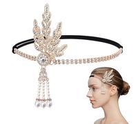 1PC 1920s Headband for Women, A Flapper Accessories Hairband with Feather, Leaf Rhinestone and Pearl Detail, for Flapper Dress, 1920s Dresses for Women, Burlesque Outfit, Black Gold