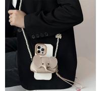 1Pc Adorable Elephant Design Leather Zero Wallet Phone Back Clip with Hanging Neck Rope and Pearl Bow Chain