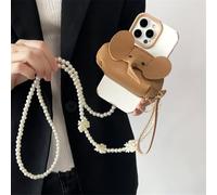 1Pc Adorable Elephant Design Leather Zero Wallet Phone Back Clip with Hanging Neck Rope and Pearl Bow Chain