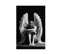 1pc Angel Girl Crying Canvas Print Black And White Wall Art Wooden Framed Poster A black and white painting of an angel with spread wings sitting poster 1