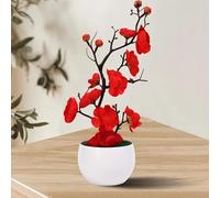 1PC Artificial Plum Blossom Potted Plants Plastic Fake Plant Bonsai Home Office Garden Desktop Decoration,28 * 11cm (Red)