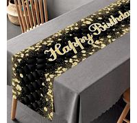 1Pc Black Gold Happy Birthday Table Runner,1920s Birthday Party Decorations Sign Vintage Style Background Supplies Tablecloth,Seasonal Kitchen Dining Table Decoration for Home Party Decor 13x72 Inch