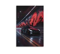 1pc Black Sports Car in Tunnel with Red Neon Dragon Wall Art, Elegant Futuristic Decor Canvas Print for Living Room And Office, Canvas Wall Art 24x36inch(60x90cm) Suitable for Various Indoor Places, C