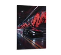 1pc Black Sports Car in Tunnel with Red Neon Dragon Wall Art, Elegant Futuristic Decor Canvas Print for Living Room And Office, Canvas Wall Art 16x24inch(40x60cm) Suitable for Various Indoor Places, C