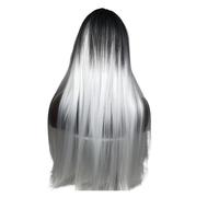 1pc Bob Wig With Blunt Bangs Ombre Long Straight Hair Black And White Synthetic High-Temperature Fiber Cap For Women's