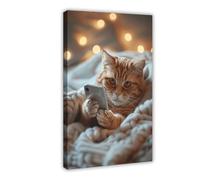 1pc Cat in Soft Bedding Watching Videos Canvas Poster Wall Art Decor Print Picture Paintings for Living Room Bedroom Decoration Frame-style 20x30inch(50x75cm)