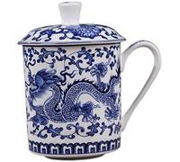 1PC Chinese Tea Cups, 500ml Large Capacity Ceramic Blue and White Tea Mug with Lid and Handle for Loose Leaf Home Office.
