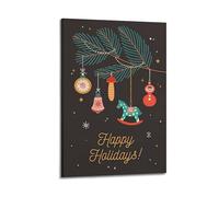 1pc Christmas Poster Happy Holidays Style Clock Decoration Mushroom Ornament Rocking Horse Illustration, Canvas Wall Art 24x36inch(60x90cm) Suitable for Various Indoor Places, Cool Posters And Prints,