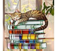 1PC Colorful Acrylic Suncatcher Hanging, Tabby cat on Colorful Books 7.08 inch Window Decor with Printed Stained Glass Style Design, Gift Idea & Garden Ornament Indoor Outdoor Use（YX-36）
