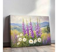 1pc Colorful Landscape Canvas Art Print Purple Foxgloves And White Daisies In A Field Painting Living Room Decor 40x60cm framework