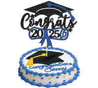 1Pc Congrats 2025 Cake Topper Blue Glitter Class of 2025 Happy Graduation Congrats Grad 2025 Graduation Cake Decoration for 2025 Congrats Grad Party Decorations