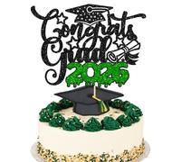 1Pc Congrats Grad 2026 Cake Topper Glitter Diploma Graduation Cap Cake Pick Congrats Class of 2026 Cake Decorations for 2026 Graduation Theme High School Boys Girls Graduate Party Supplies Green