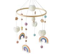 1PC Crib Mobile 9x19in Rainbow, Star, Pompom & Crochet Ball Mobile for Bassinet with Bamboo Holder Ring to Attract Baby's Attention, Promote Eye/Foot/Hand Development.