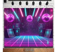 1Pc Disco Party Theme Backdrop with Mirror Balls Speakers and Neon Lights