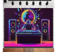 1Pc DJ Party Theme Backdrop with Disco Ball Speakers and Neon Lights