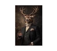 1pc Enchanting Love Valentine'S Day Wooden Framed Canvas Poster Stag Drinking Wall Art Print Vintage Painting A deer in an elegant suit holding a whiskey glass poster 1