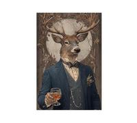 1pc Enchanting Love Valentine'S Day Wooden Framed Canvas Poster Stag Drinking Wall Art Print Vintage Painting A deer in an elegant suit holding a whiskey glass poster 4