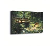 1pc Forest Landscape Canvas Wall Art Peaceful Deer Print Rustic Wooden Bridge Over Stream Nature Artwork Living Room 50x75cm framework