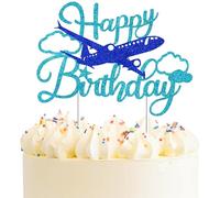 1PC Glitter Airplane Happy Birthday Cake Topper, Adventure Awaits Airplane Theme Decor for Boys, Girls, or Pilot Themed Parties
