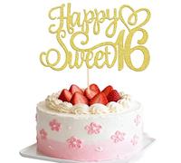 1PC Gold Glittery 16th Happy Birthday Cake Topper, Happy 16th Birthday Cake Topper Happy Birthday Candles Sweet 16 Cake Decorations for Celebrating 16th Birthday Anniversary Party Decorations