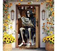 1pc Grim Reaper Skeleton Toilet Bathroom Door Cover, Sunflower Framed Skull Reading Newspaper Halloween Gothic Funny Home Wall Decor Banner