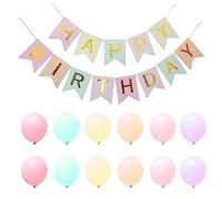 1pc Happy Birthday Banner with 12PCS Macaron Balloons Bronzing Letter Fishtail Flag Birthday Party Decorations Garland Suitable for Indoor Outdoor (Light Macaron Color)