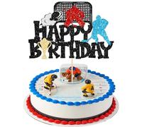 1Pc Happy Birthday Cake Topper Glitter Ice Hockey Player Sports Theme Cake Pick Decorations for Baby Shower Boys Girls Birthday Party Supplies Black