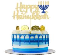 1Pc Happy Hanukkah Cake Topper Gold Glitter Candlestick Menorah Cake Topper Decorations for Sparkle Jewish Birthday Chanukah Holiday Party Decoration Supplies