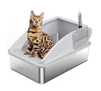 1PC Metal Litter Tray, Large Metal Litter Tray Pan, Stainless Steel Open Top Litters Box with Detachable Rim, High Sided, Anti-Leakage, Easy Cleaning, Indoor Cats Trays