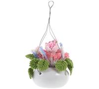 1PC Miniature Pink Rose Hanging Basket Flower Arrangement Model for Dolls House Decor Lightweight Artificial Plant Potting Adornment for Fairy Garden and Home Decoration