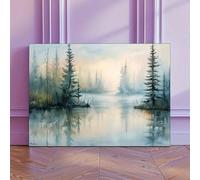 1pc Modern Watercolor Landscape Canvas Wall Art For Living Room Office, Misty Forest Lake Nature Scene Print Decor 50x75cm framework