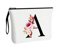 1Pc Personalized Makeup Bag with Floral Letter Custom Initial Cosmetic Bag for Women Thoughtful Gift for Mum Friend Sister Teenage Girls & Bridesmaid White Toiletry Pouch