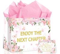 1PC Pink Retirement Gift Bag for Women, 11.8'' Enjoy the Next Chapter Gift Bag with Tissue Papers and Card, Pink Floral Retirement Gift Wrapping Paper Bag for Farewell Going Away Party Supplies