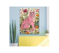 1pc Pink Tiger Floral Canvas Wall Art - Modern Preppy Style Vibrant Animal Print For Living Room, Dorm Home Decor 20x30cm Frameless